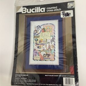 Vintage Bucilla Stitcher's Sampler Cross Stitch Craft Kit Sewing Room 10x16